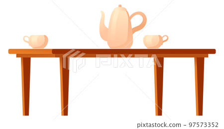 Coffee table with teapot and ceramic cups. Cartoon icon 97573352