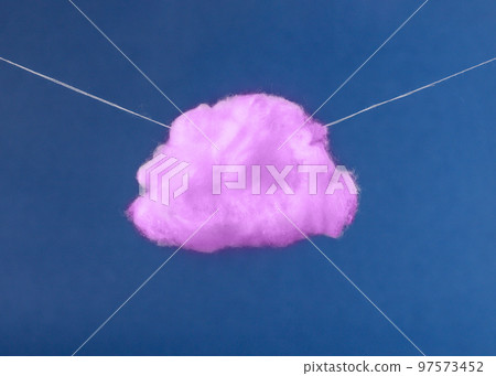 Purple cloud on strings on blue sky background. Imagination, fantasy, dreaming concept in surreal style. 97573452