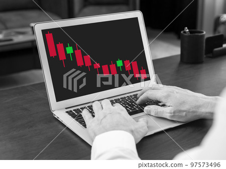 Man working with declining candlestick graph at laptop. Down movement in product price. Crisis, stock market analysis. Investment, finance concept. Trader hands at keyboard Man working with declining candlestick graph at laptop. Down movement in product price. Crisis, stock market analysis. Investment, finance concept. Trader hands at keyboard 97573496
