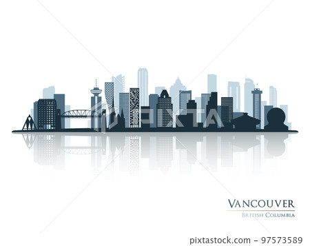 Vancouver skyline silhouette with reflection. Vancouver skyline silhouette with reflection. 97573589