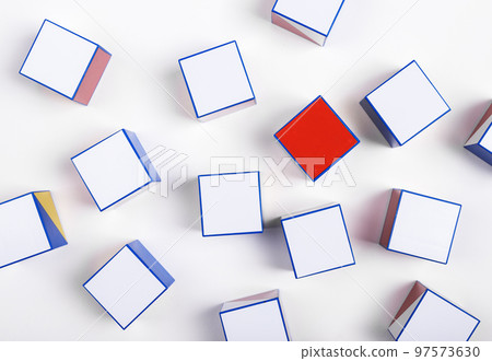 White cubes with outstanding different red one. Individuality, standing out from crowd, uniqueness concept. 97573630