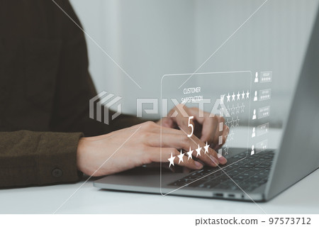 Client give rating to service experience on online application, Customer evaluate quality of service leading to reputation ranking of business. Customer review satisfaction and feedback survey concept 97573712