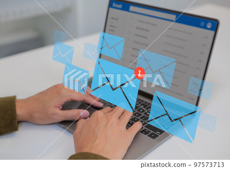 Newsletter and email marketing concept, Businessman reading email and new email alert on laptop, communication message to global letters in the workplace, online chat social text, receive new message, 97573713