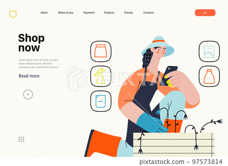 Shop now - Online shopping and electronic commerce series - modern flat vector concept illustration of a woman gardening and shopping online. Promotion, discounts, sale and online orders concept Shop now - Online shopping and electronic commerce series - modern flat vector concept illustration of a woman gardening and shopping online. Promotion, discounts, sale and online orders concept 97573814