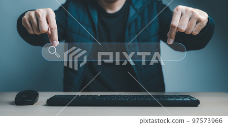 Data Search Technology Search Engine Optimization. man's hands showing a search bar and a computer keyboard and mouse to Searching for information. Using Search Console with your website. 97573966