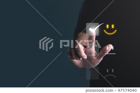 Businessman pressing smiley face emoticon on virtual touch screen. best rating positive, Customer service evaluation concept. quality review, feedback survey, marketing performance, satisfaction user. Businessman pressing smiley face emoticon on virtual touch screen. best rating positive, Customer service evaluation concept. quality review, feedback survey, marketing performance, satisfaction user. 97574040