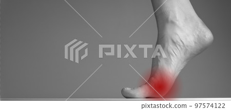Foot neuroma, toe ache, inflammation on medical banner with copy space Foot neuroma, toe ache, inflammation on medical banner with copy space 97574122