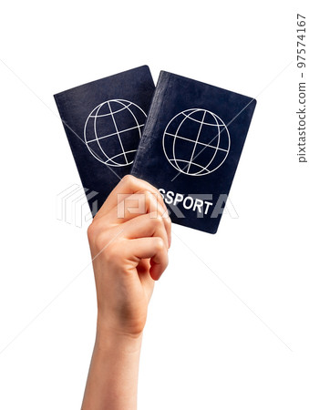 Woman hand with two passports isolated on white background. Family vacation, travel together, going abroad concept. Identity, nationality verification. Woman hand with two passports isolated on white background. Family vacation, travel together, going abroad concept. Identity, nationality verification. 97574167