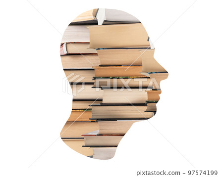 Bookworm, avid reader. Man head with books isolated on white background. Smart person devoted to reading, education, study 97574199