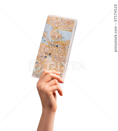 Woman hand holding tourist map, guide isolated on white background. Travelling, going to trip, visiting places of interests, attractions concept. Woman hand holding tourist map, guide isolated on white background. Travelling, going to trip, visiting places of interests, attractions concept. 97574528