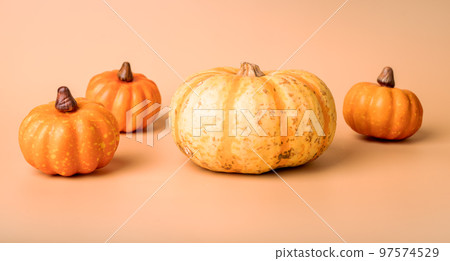 Orange pumpkins set on beige background. Autumn decoration, Halloween, Thanksgiving day concept. 97574529