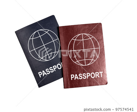 Dual citizenship concept. Two passports isolated on white background. Change of residency status, multiple nationality, naturalization. 97574541