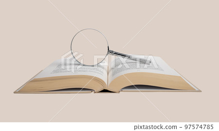 Open book with magnifying glass. Information search and analysis for research project. Data evaluation and accuracy check. 97574785