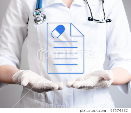 Virtual medical prescription for medicine over doctor hands. Woman in lab coat with stethoscope holding file with patient diagnosis, recommendations for disease cure. Health care, medication concept Virtual medical prescription for medicine over doctor hands. Woman in lab coat with stethoscope holding file with patient diagnosis, recommendations for disease cure. Health care, medication concept 97574882