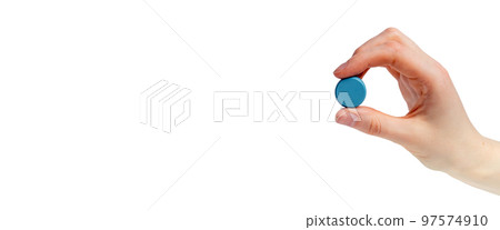Banner with hand holding pill or vitamin isolated on white background. Taking medicine, medical treatment, diseases prevention concept. Space for text 97574910