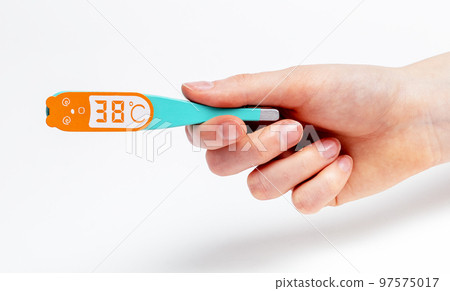 38 celsius high temperature on wood toy thermometer in hand close up 97575017