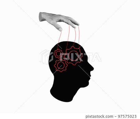Power over human mind. Hand with strings and head on grey background. Manipulation of person consciousness, thoughts, opinion. Controlled people 97575023