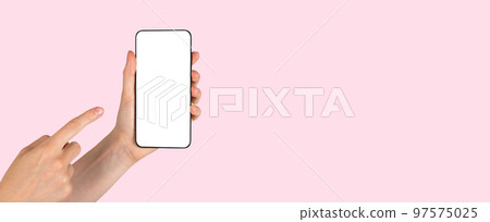 Banner with forefinger pointing to phone mockup on pink background. Smartphone template with blank screen. Woman showing information in telephone. Space for text Banner with forefinger pointing to phone mockup on pink background. Smartphone template with blank screen. Woman showing information in telephone. Space for text 97575025