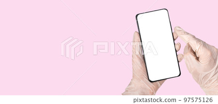 Banner with doctor hands in gloves with phone mockup on pink background. Online patient treatment, using medical applications in smartphone concept. Place for text 97575126