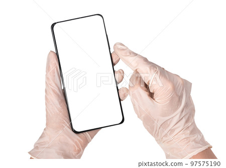 Doctor hands in gloves holding phone mockup isolated on white background. Online communication with patient, using medical application in smartphone, telehealth, telemedicine concept. 97575190