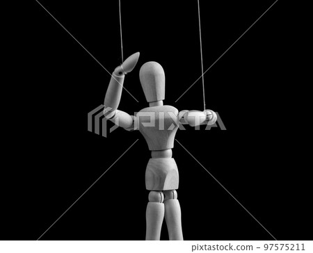 Puppet on strings. Exploit, control, abusive relationship concept. Alcohol, drug, gambling, internet addiction. Doll dependent on puppeteer. Black and white 97575211