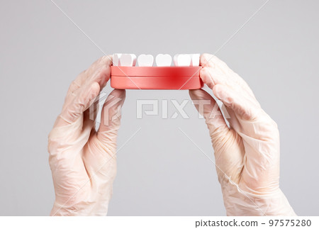 Hands in gloves holding jaw model with red spot. Gums inflammation, periodontal diseases treatment. Dentistry, oral hygiene concept. 97575280