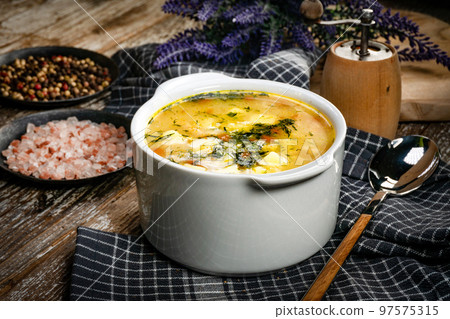 Barley soup with vegetables and chicken. Barley soup with vegetables and chicken. 97575315