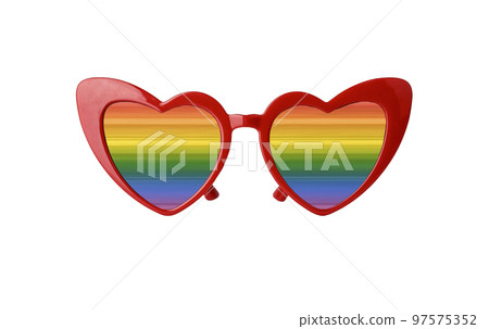 Heart shaped glasses with rainbow lenses isolated on white background. Love, lgbt concept 97575352