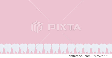 Banner with tooth border on pink background. Oral health and dental hygiene, treatment, stomatology concept. Copy space 97575360