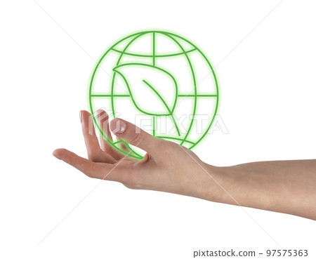 Woman hand holding green earth and leaf isolated on white background. Ecology, nature protection, struggle against global environmental problems 97575363