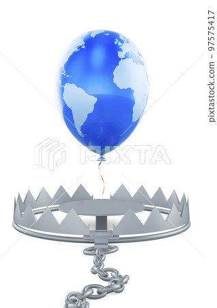 Balloon with Earth map in trap, 3D rendering 97575417