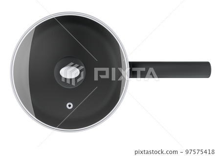 Frypan with glass lid, top view. 3D rendering Frypan with glass lid, top view. 3D rendering 97575418