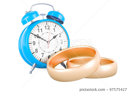 Wedding rings with alarm clock. 3D rendering Wedding rings with alarm clock. 3D rendering 97575427