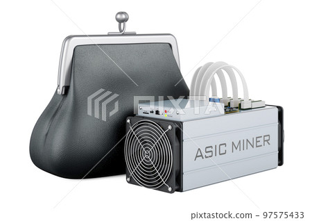 ASIC miner with purse coin, 3D rendering ASIC miner with purse coin, 3D rendering 97575433