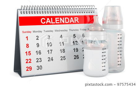 Baby bottles with desk calendar, 3D rendering 97575434