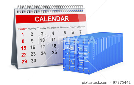Cargo container with desk calendar, 3D rendering 97575441