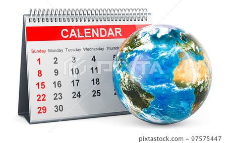 Desk calendar with Earth Globe, 3D rendering Desk calendar with Earth Globe, 3D rendering 97575447