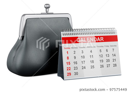 Desk calendar with purse coin, 3D rendering Desk calendar with purse coin, 3D rendering 97575449