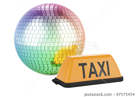Disco taxi concept. Taxi car signboard with mirror disco ball, 3D rendering Disco taxi concept. Taxi car signboard with mirror disco ball, 3D rendering 97575454