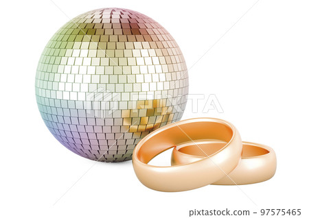 Mirror disco ball with golden wedding rings, 3D rendering 97575465