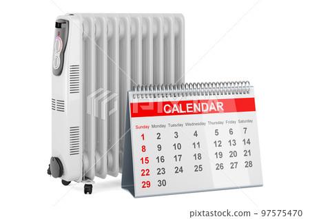 Oil filled heater with desk calendar, 3D rendering 97575470