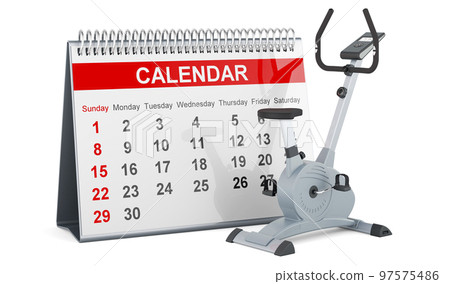 Stationary exercise bike with desk calendar, 3D rendering Stationary exercise bike with desk calendar, 3D rendering 97575486