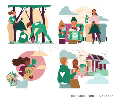 Ecology with People Sorting Garbage, Using Reusable Shopping Bag and Green House Vector Set 97575782