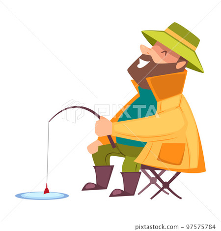 Bearded Fisherman Sitting on Chair and Capturing Fish with Rod in Hole Vector Illustration 97575784