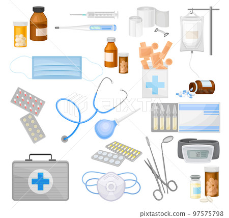 First Aid Kit with Bandage, Adhesive Plaster, Painkiller, Pills, Thermometer, Mask and Dentist Tools Big Vector Set 97575798