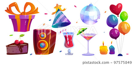 Festival and Birthday Party Elements with Gift Box, Cake, Cone Hat, Balloons, Cocktail, Candle and Music Equipment Vector Set Festival and Birthday Party Elements with Gift Box, Cake, Cone Hat, Balloons, Cocktail, Candle and Music Equipment Vector Set 97575849