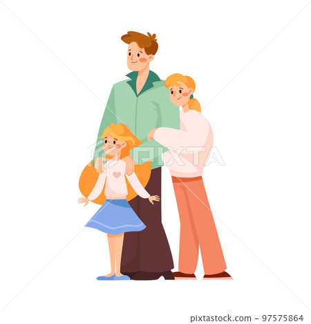 Happy Father Together with His Elder and Younger Daughter Vector Illustration 97575864