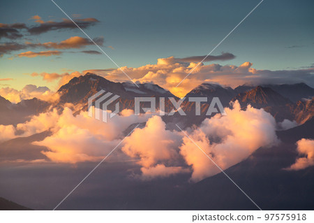 beautiful sunset in the mountains of Krasnaya Polyana 97575918