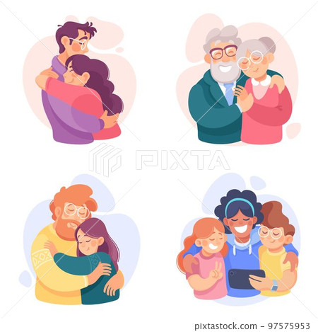 Embracing People Character Loving and Feeling Happy Vector Illustration Set 97575953