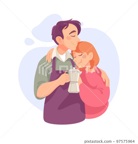 Embracing Man and Woman Loving and Feeling Happy Standing with Teapot Vector Illustration 97575964